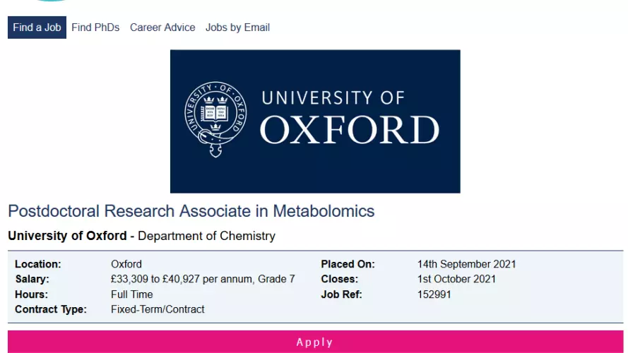 Screenshot of job advertisement