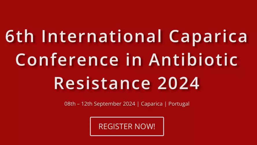 White text on red background, advertising the 6th International Caparica Conference in Antibiotic Resistance