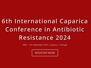 White text on red background, advertising the 6th International Caparica Conference in Antibiotic Resistance